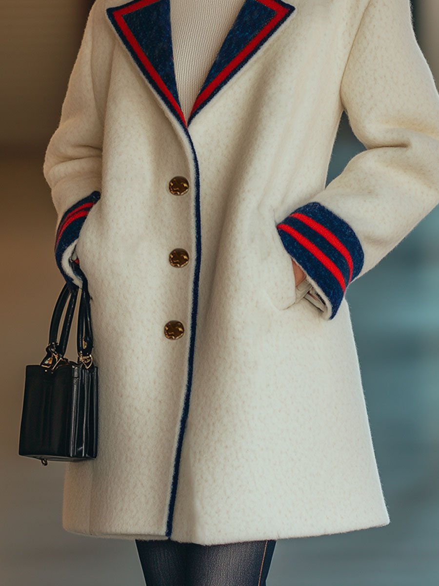 Casual Loose Retro Red And Blue Striped Woolen Single-Breasted Coat