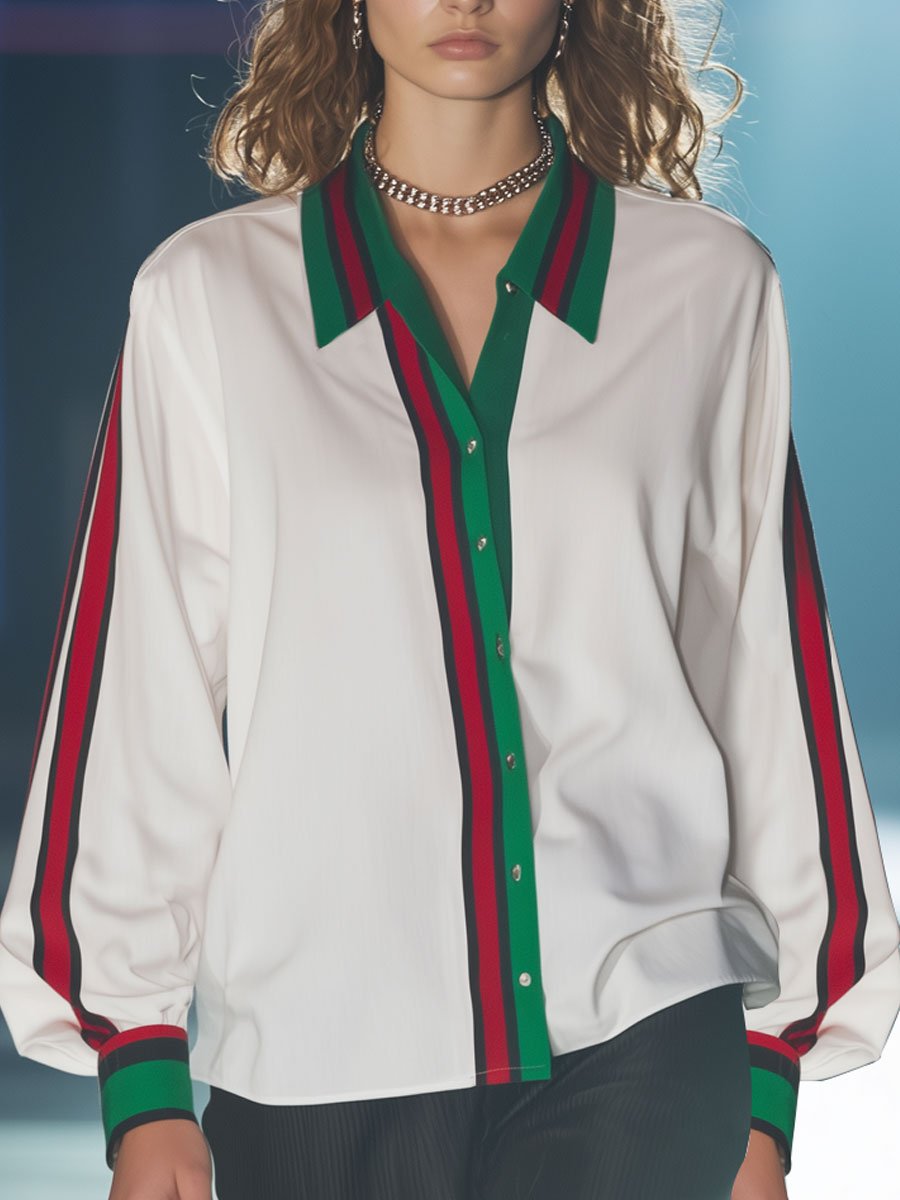 Casual Loose Red And Green Striped Print Long Sleeve Blouse