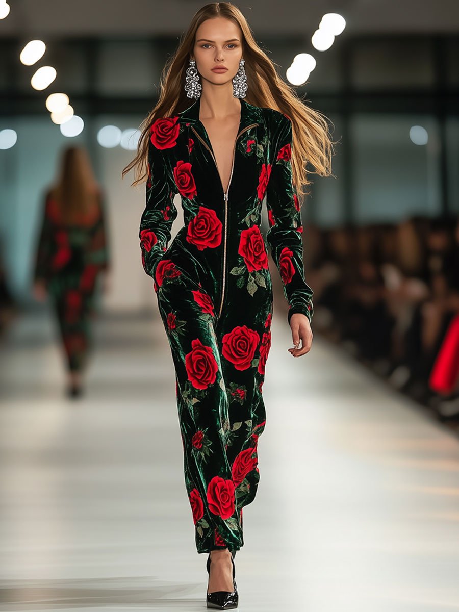 Casual Loose Retro Green Velvet Red Rose Print Long Sleeve Zipper Jumpsuit