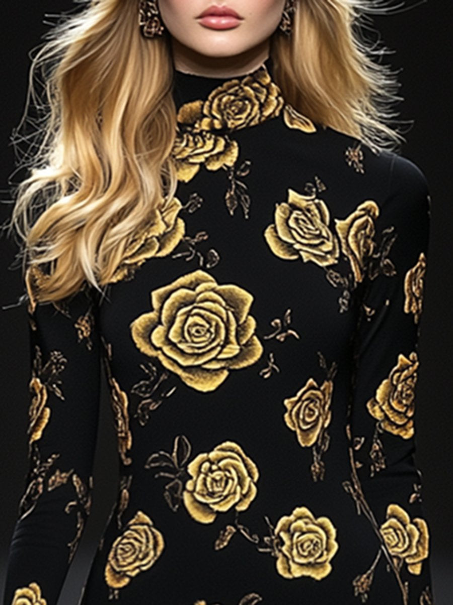 Elegant And Fashionable Slim Fit High Neck Gold Rose Print Midi Dress