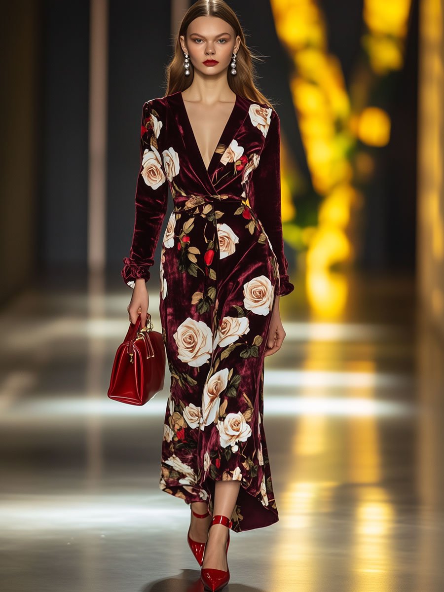 Fashion Retro Burgundy Velvet Rose Print V-Neck Long Sleeve Midi Dress