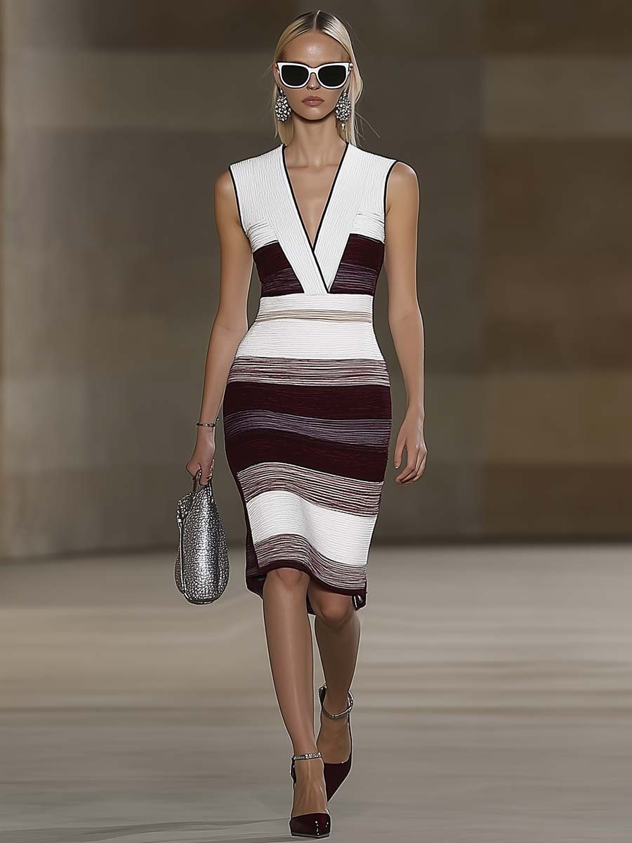 Fashion V-neck Sleeveless Burgundy Stripes Contrast White Knitted Midi Dress