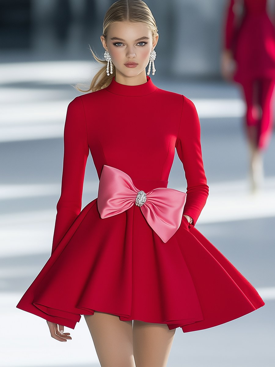 Exquisite and Elegant Pink Bow Red Mini Dress