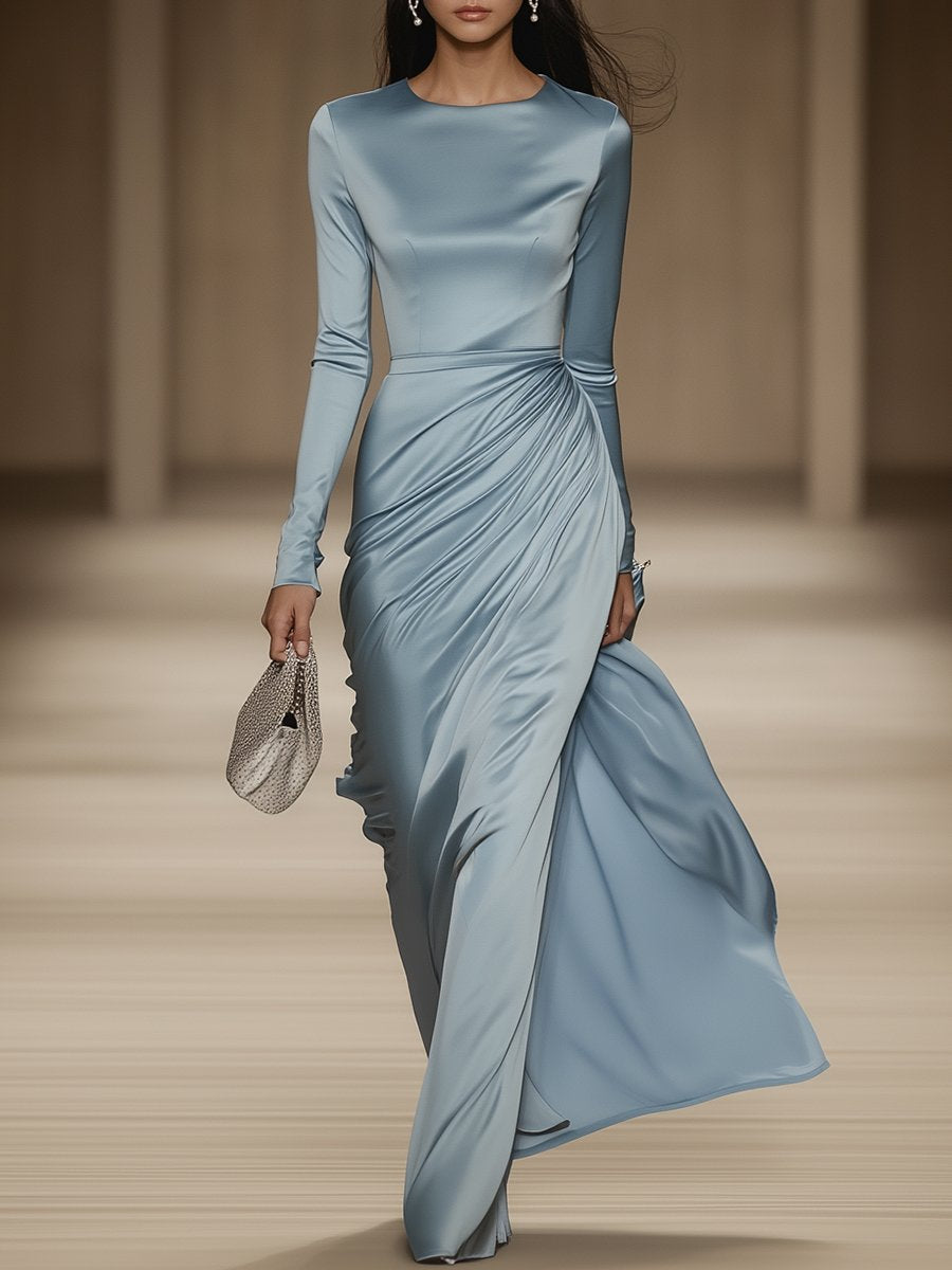 【24-hour shipping out】Elegant and Gentle Round Neck Blue Satin Long Sleeve Maxi Dress