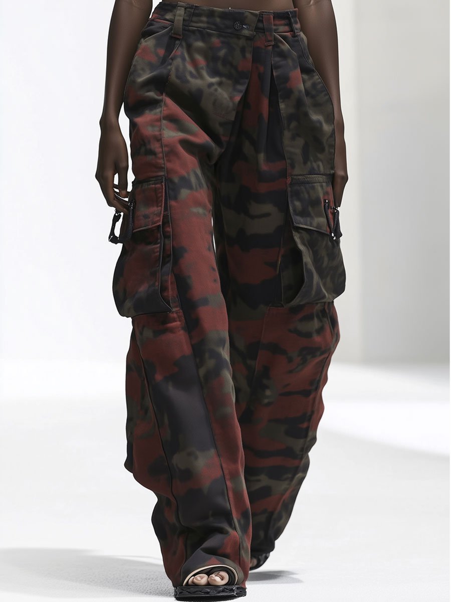 Casual Vintage Camouflage Multi-Pocket Cotton Workwear Wide Leg Pants