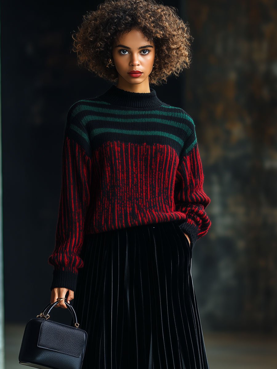 Casual Loose Retro Striped Half Turtleneck Pullover