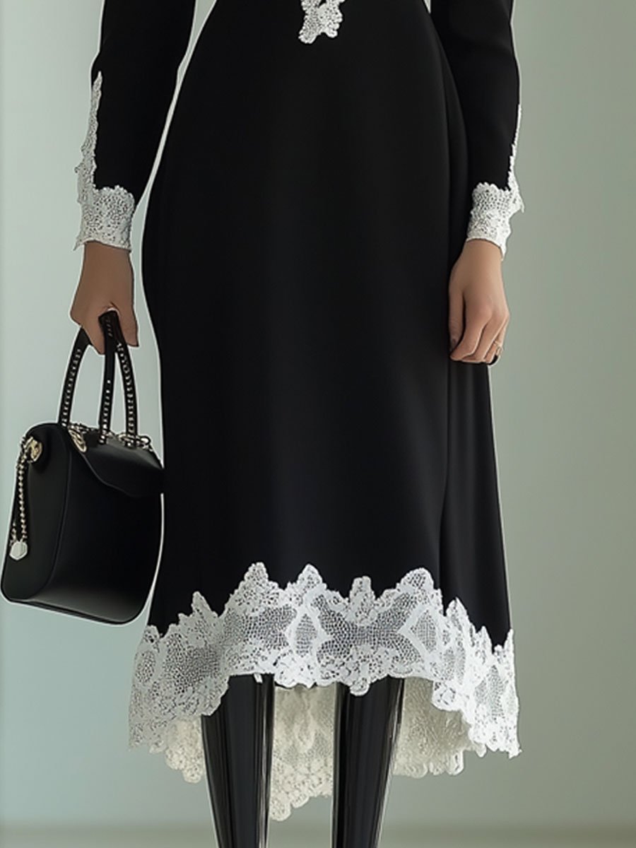 Retro Party White Lace Trim Black Long Sleeve Midi Dress