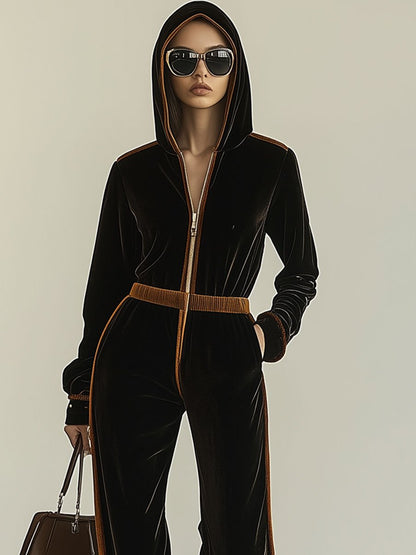 Casual Loose Retro Velvet Colorblock Elastic Waist Zipper Hooded Jumpsuit