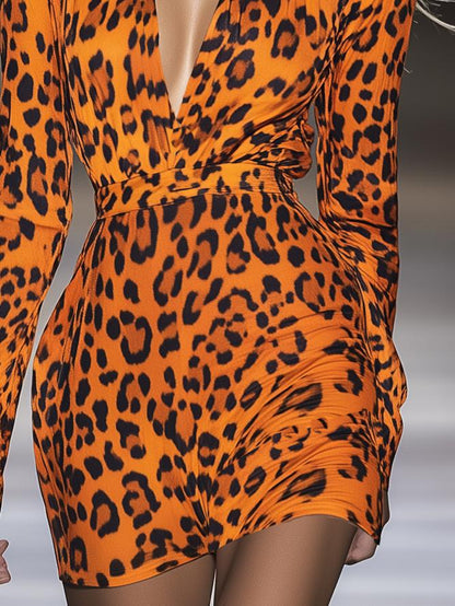 Trendy Orange Leopard Print Long Sleeve Mini Dress