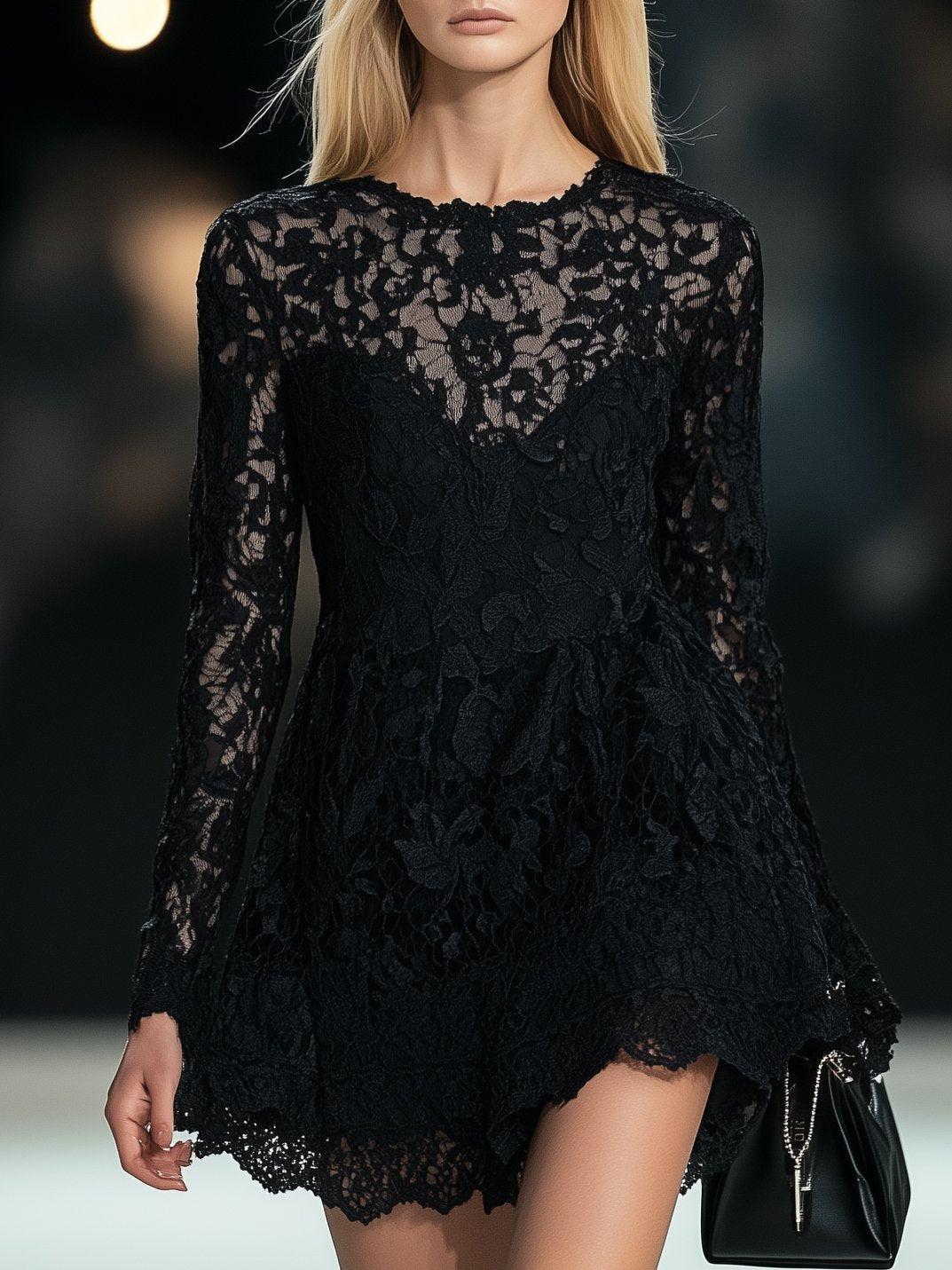 Classic Lace Black Long Sleeve Mini Dress