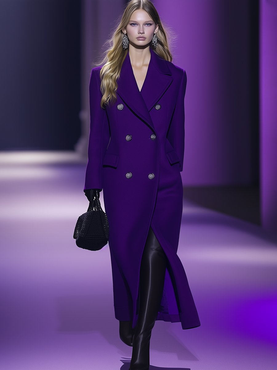 High-End Fashionable And Exquisite Silver Double-Breasted Purple Wool Coat