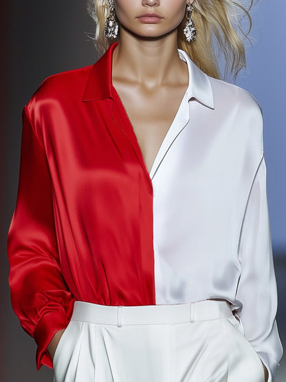 High-End Fashionable And Elegant Red And White Contrast Satin Shirt