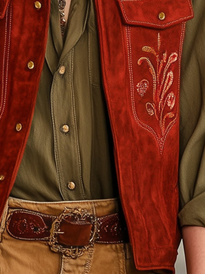 Retro And Stylish Western Style Embroidered Red Suede Vest