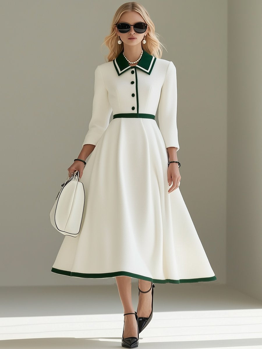 High-End Fashionable Temperament Color Matching Lapel Midi Dress