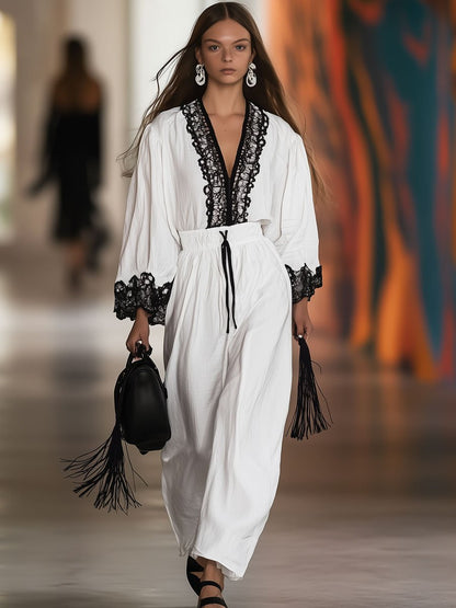 Loose Retro Black Lace Trim White Cotton and Linen Long Sleeve Jumpsuit