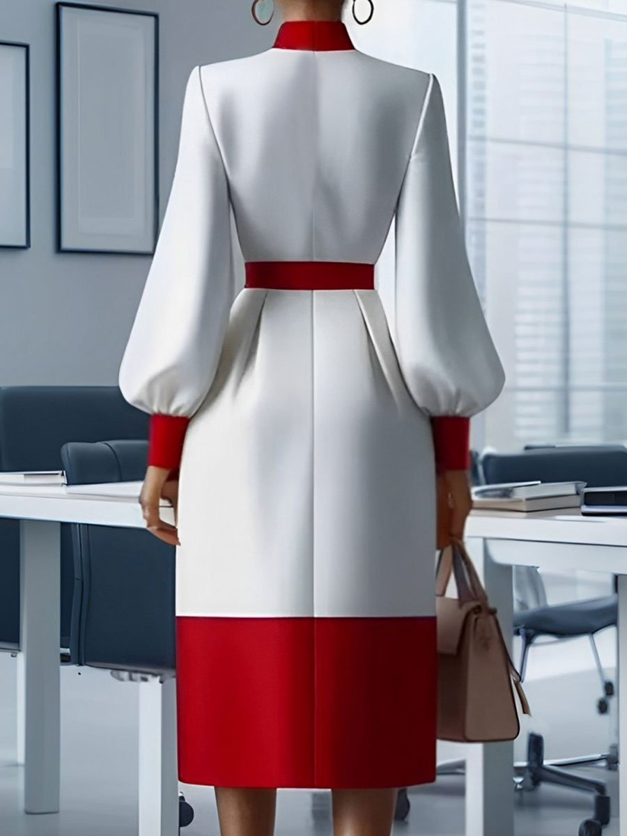 Versatile Commuting Red And White Hollow Long-Sleeved Midi Dress