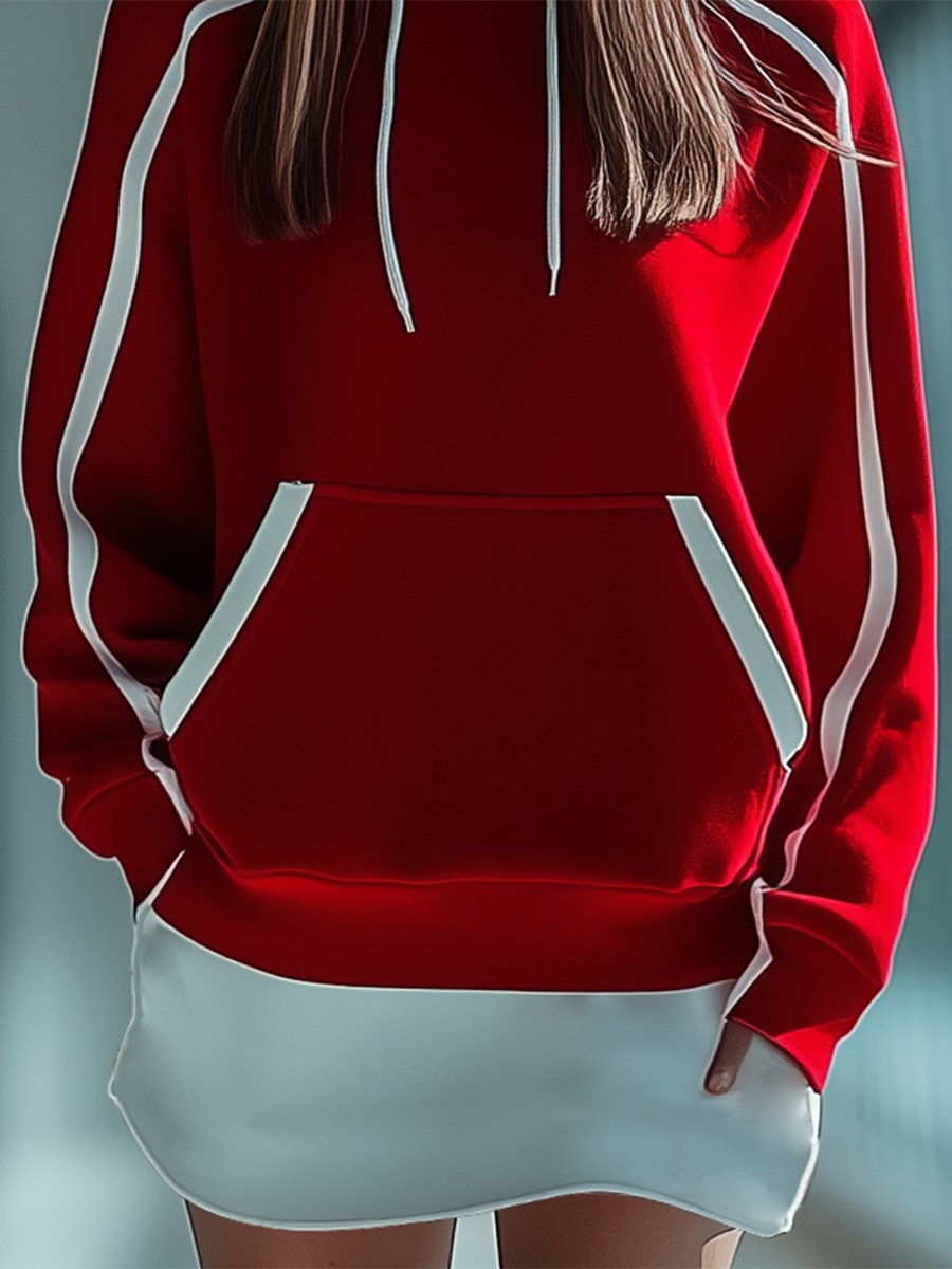 Sporty Fashion Red and White Colorblock Long Sleeve Hooded Mini Dress