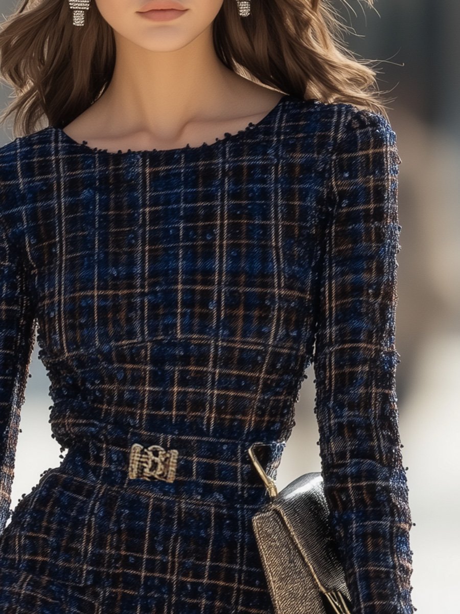 Classic Crew Neck Navy and Brown Plaid Mini Dress