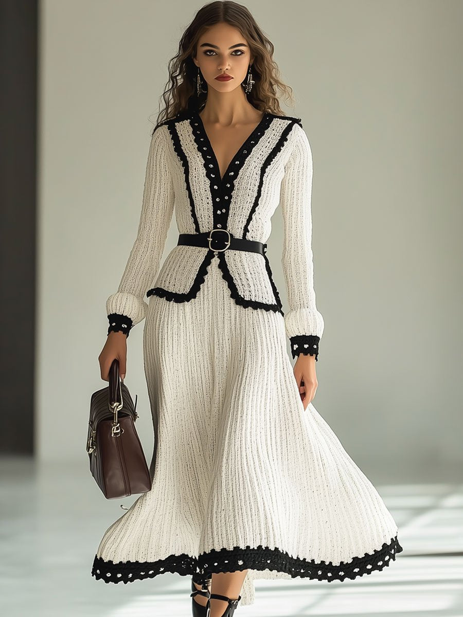 Fashion Retro Black And White Color Matching Knitted Long Sleeve Midi Dress