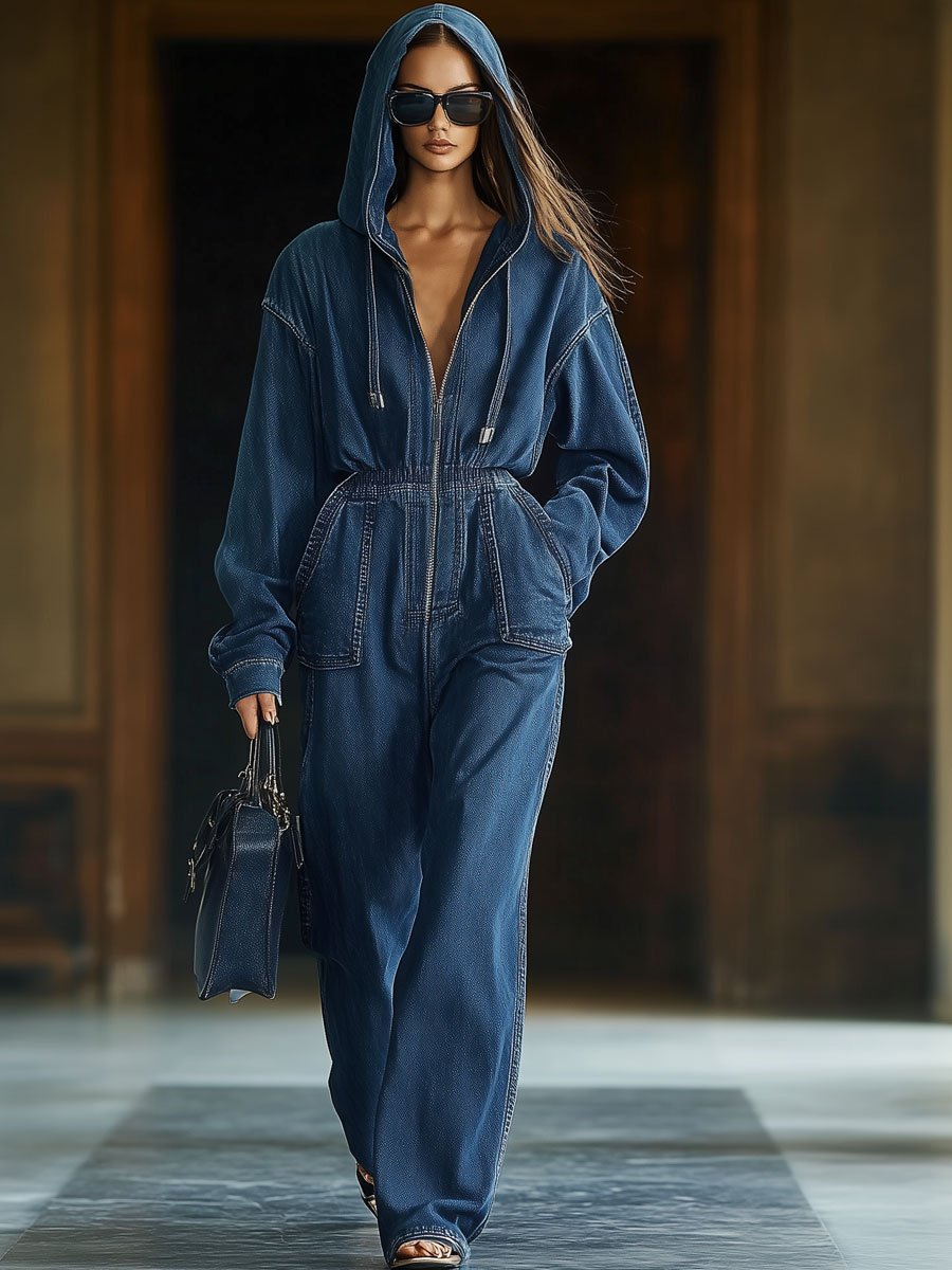 【24-hour shipping】Casual Loose Retro Elastic Waist Zipper Long Sleeve Hooded Denim Jumpsuit