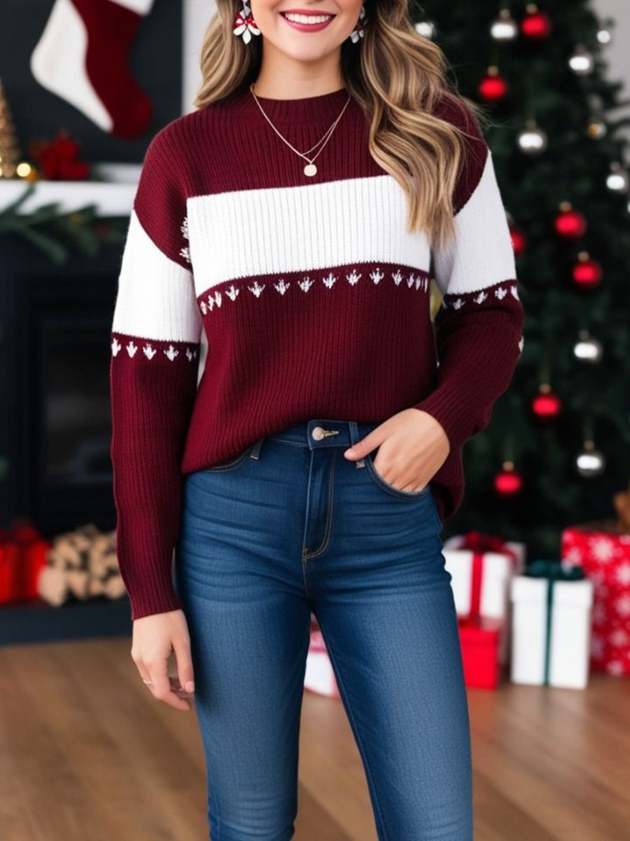 Casual And Fashionable Loose Red And White Striped Round Neck Pullover Sweater