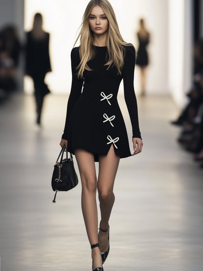 Elegant Embellished Bow Round Neck Black Long Sleeve Mini Dress