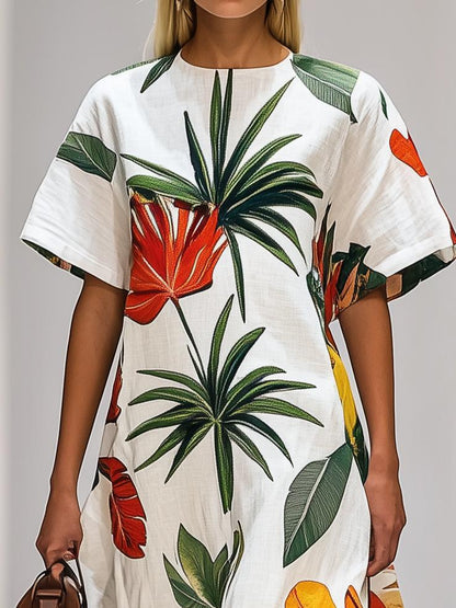 Casual Loose Fit Tropical Print Short Sleeve Maxi Dress