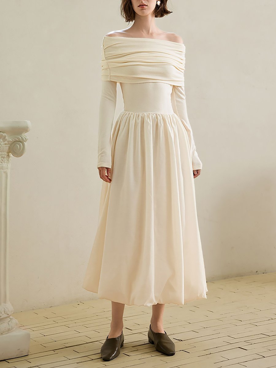 High-end Elegant Fashion One Shoulder Off-White Midi Dress