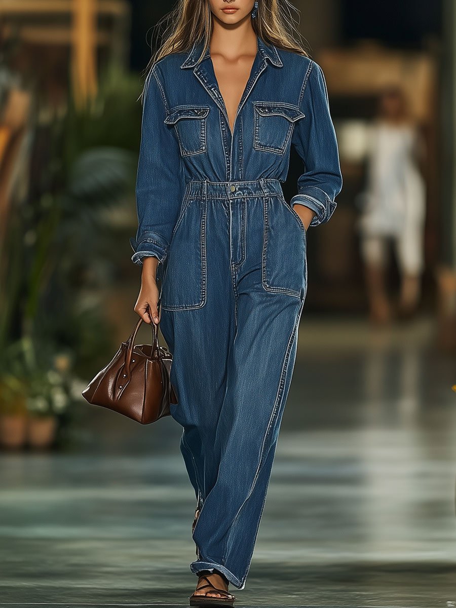 Casual Retro Multi-Pocket Elastic Waist Denim Long Sleeve Straight Jumpsuit