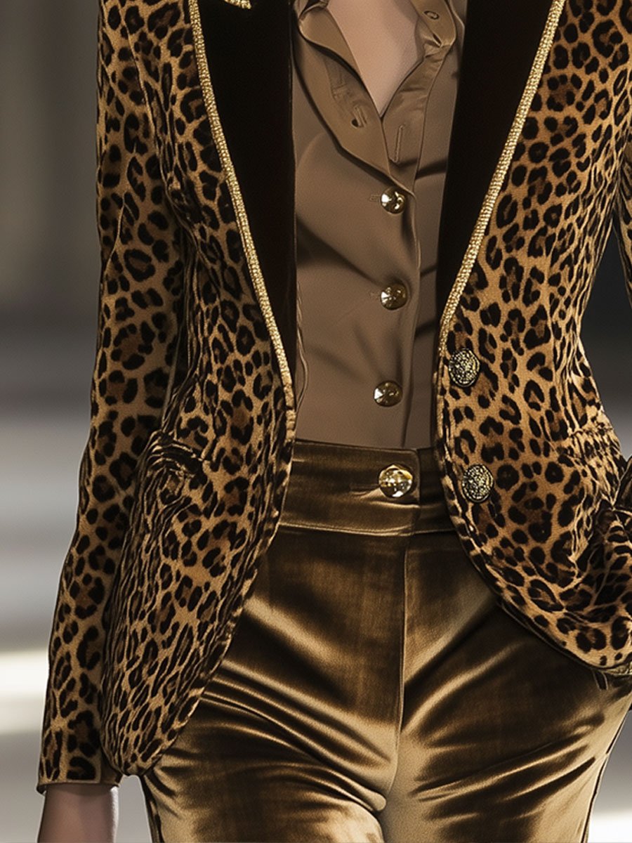 【24-hour shipping】Casual Fashion Velvet Leopard Print Contrast Lapel Gold Edge Blazer