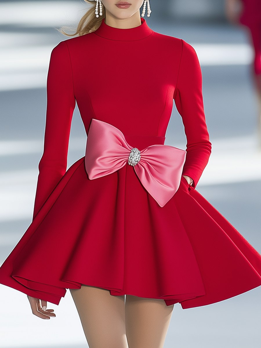 Exquisite and Elegant Pink Bow Red Mini Dress