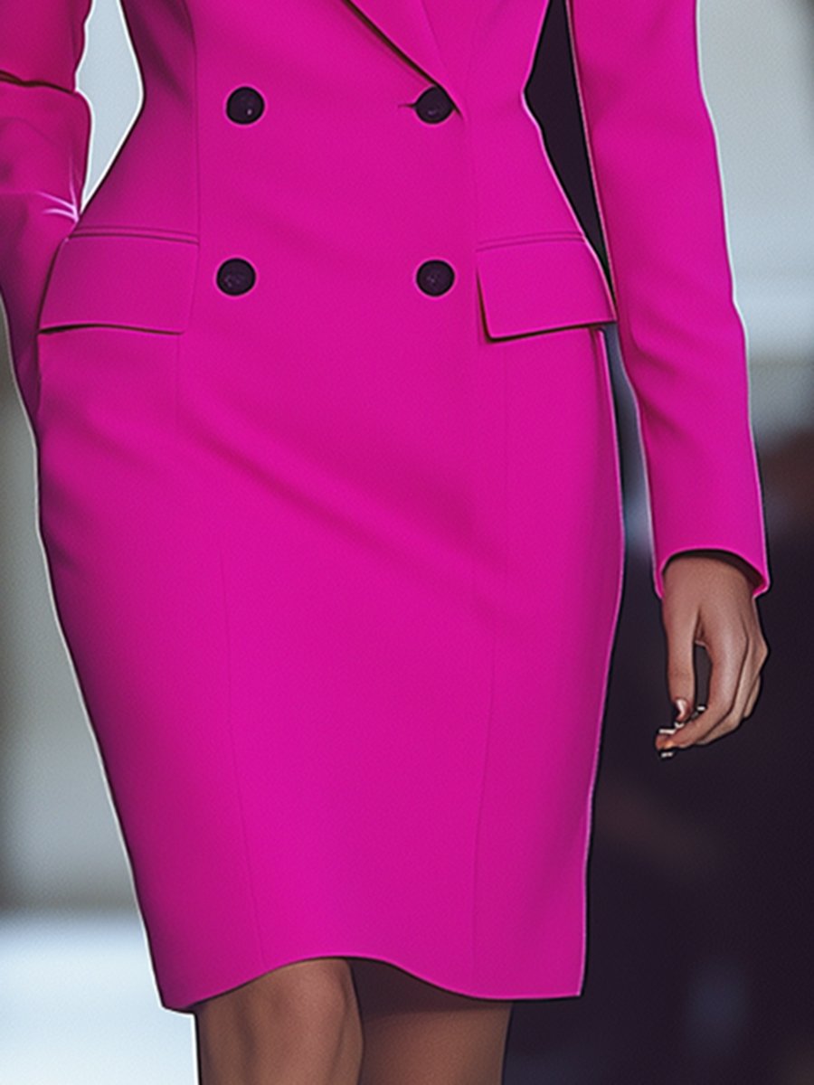 Casual Versatile Fashionable Bright Pink Double-Breasted Suit Skirt