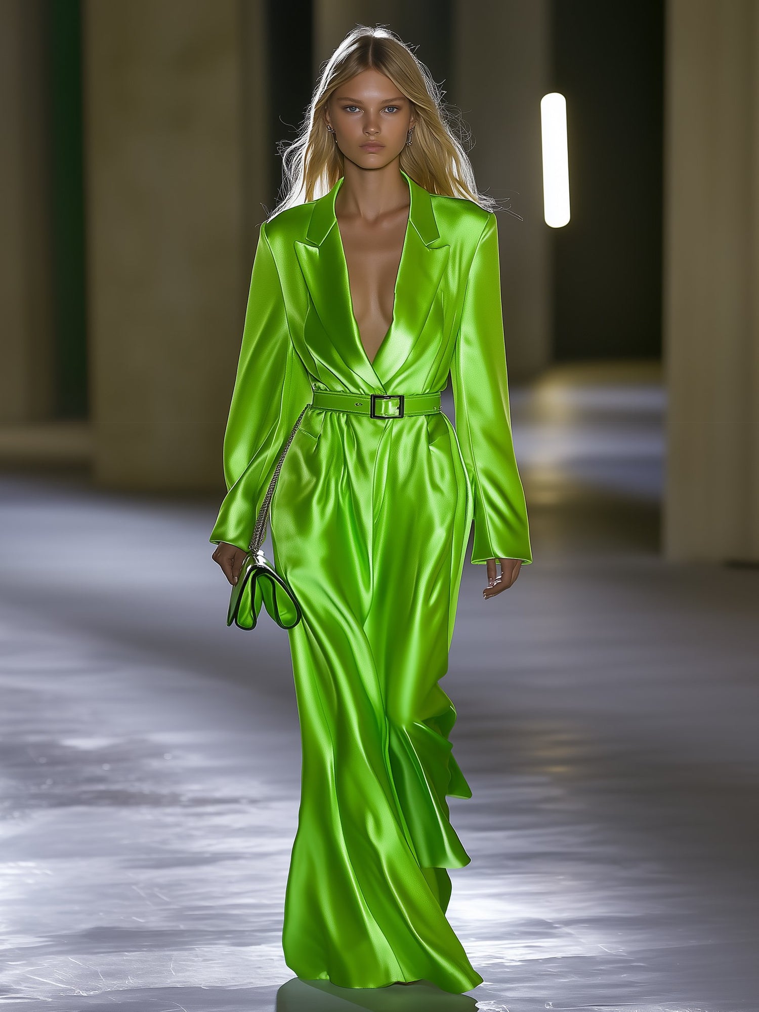 Pretty Fluorescent Green Satin Lapel Long Sleeve Maxi Dress