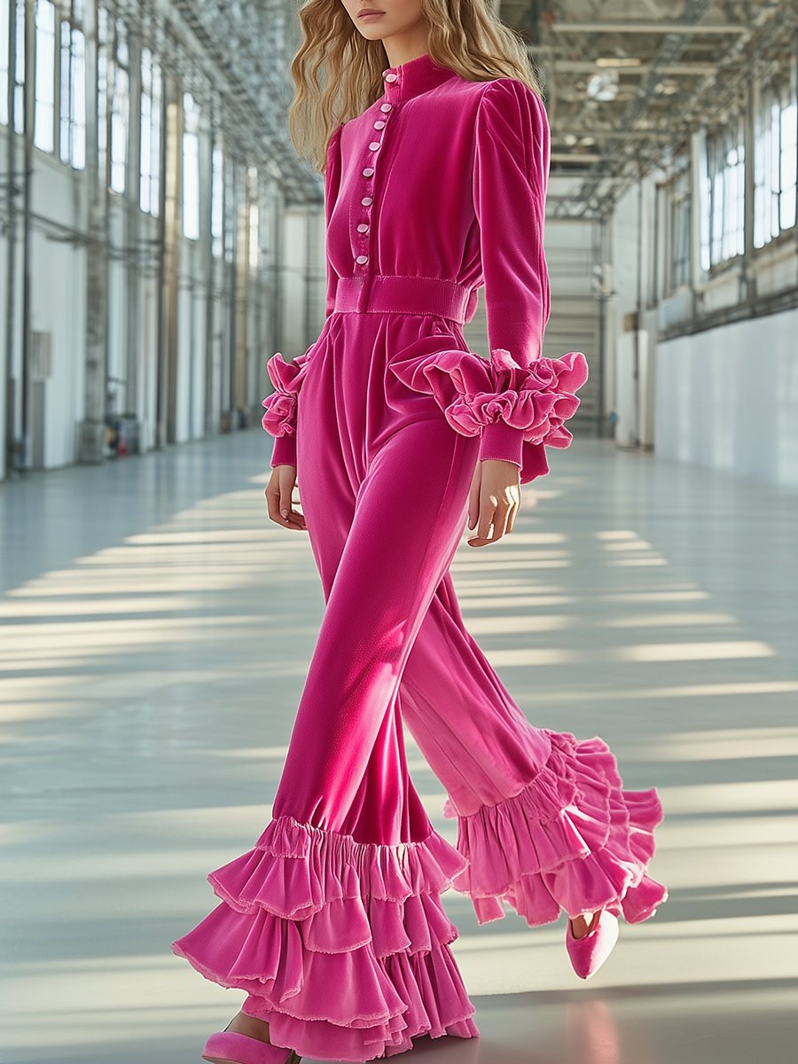 Fashionable Pink Ruffled Stand-up Collar Jumpsuit