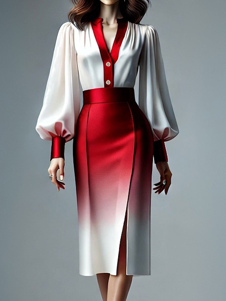 Fashionable Commuter Satin Red And White Gradient Long-Sleeved Shirt And Skirt Set