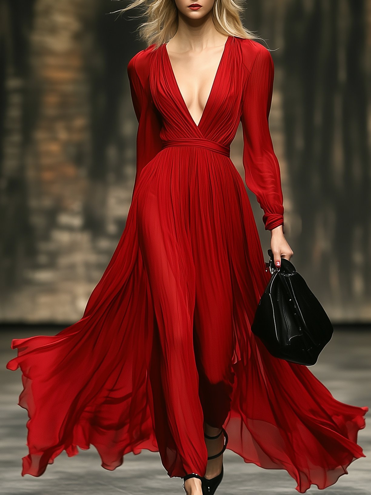 Classic Chiffon V-Neck Red Long Sleeve Maxi Dress