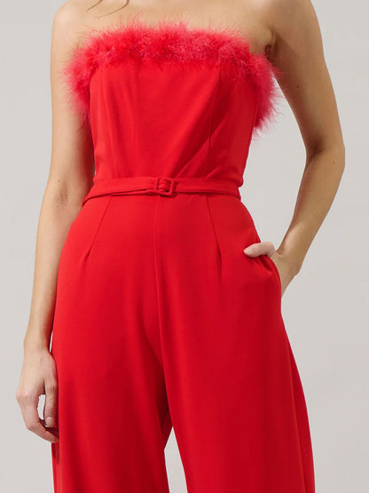 Fashion Retro Red Feather Stitching Lace-Up Sleeveless Wide-Leg Jumpsuit