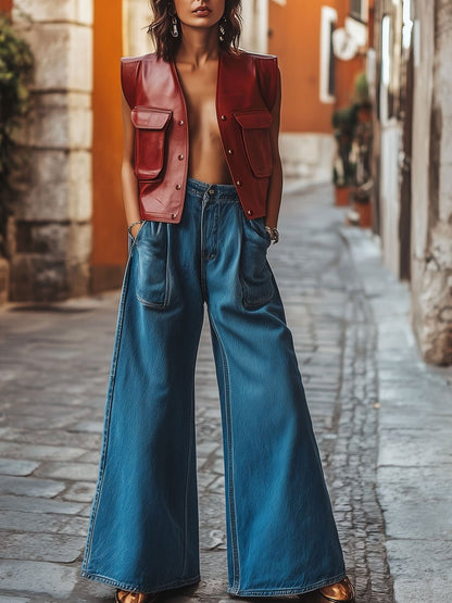 Casual Simple Retro Pocket High Waist Wide Leg Jeans