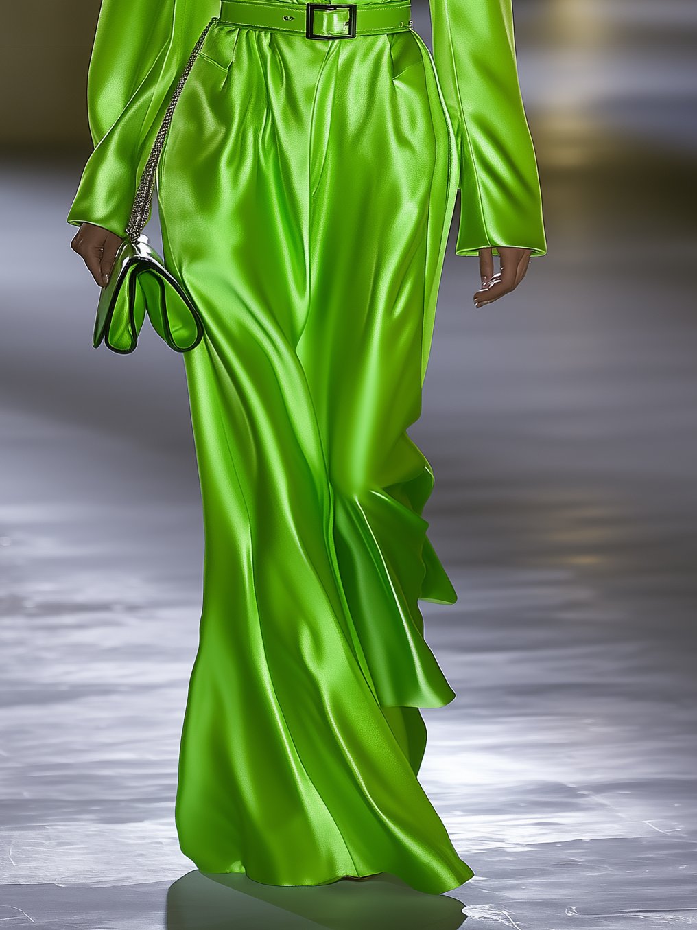 Pretty Fluorescent Green Satin Lapel Long Sleeve Maxi Dress