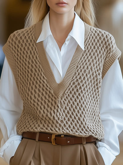 High-End Fashionable Lazy V-Neck Khaki Knitted Vest