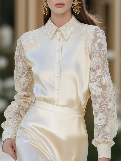 Elegant and Noble Stitching Lace Beige Forged Shirt-style Midi Dress