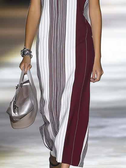 Fashion Casual V-neck Striped Print Straight Maxi Dress