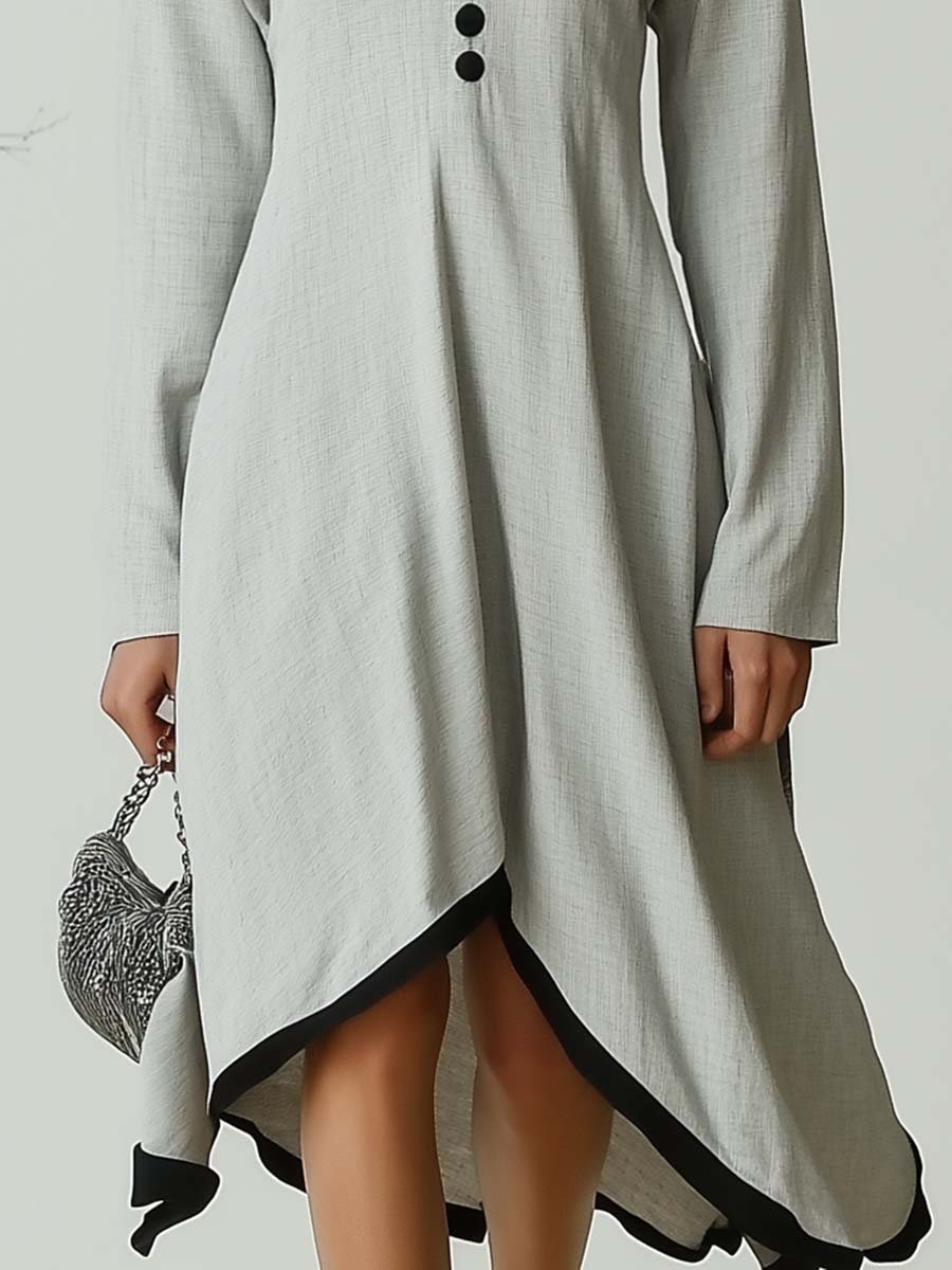 Human and Nature Are One V-neck Loose Light Grey Linen Midi Dress