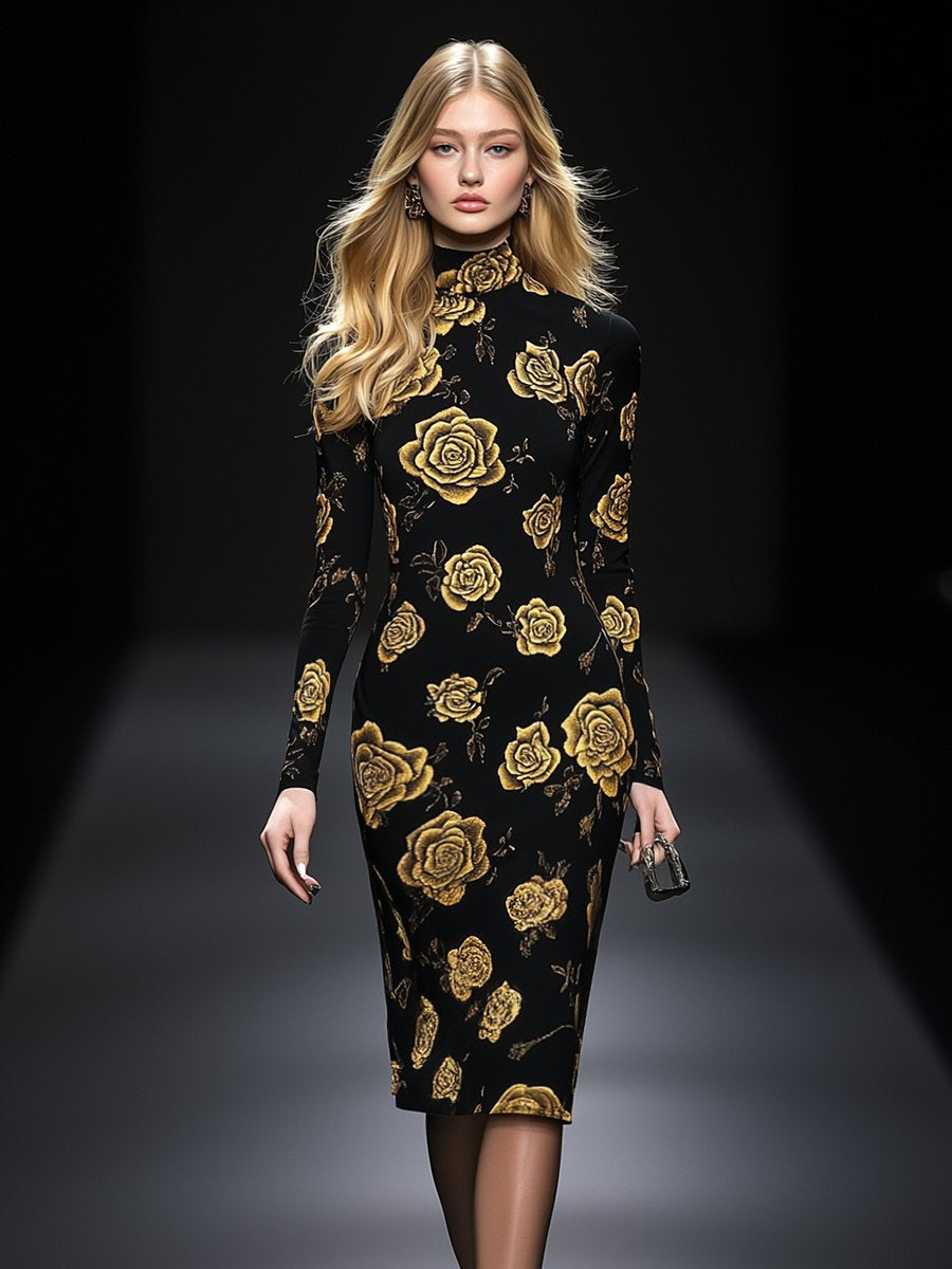 Elegant And Fashionable Slim Fit High Neck Gold Rose Print Midi Dress