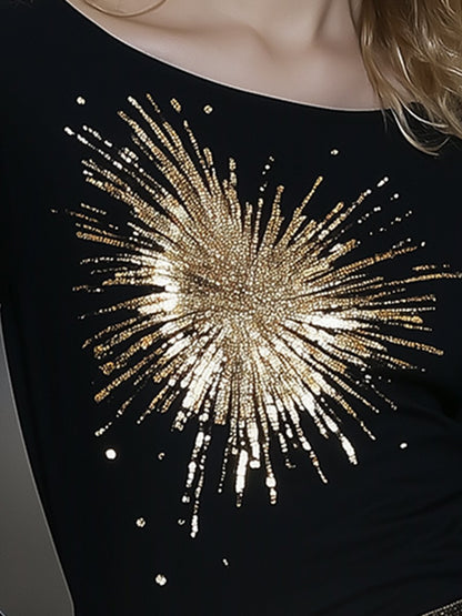 High-End Fashionable Gold Fireworks Print Black T-Shirt