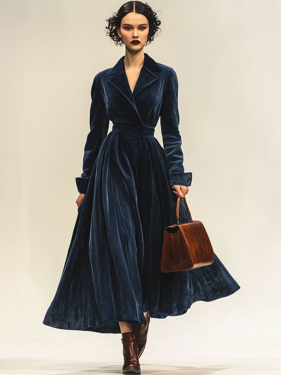 【24-hour shipping out】Casual Loose Vintage Corduroy Lapel Long Sleeve Maxi Dress