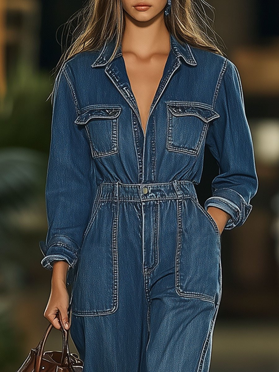 Casual Retro Multi-Pocket Elastic Waist Denim Long Sleeve Straight Jumpsuit