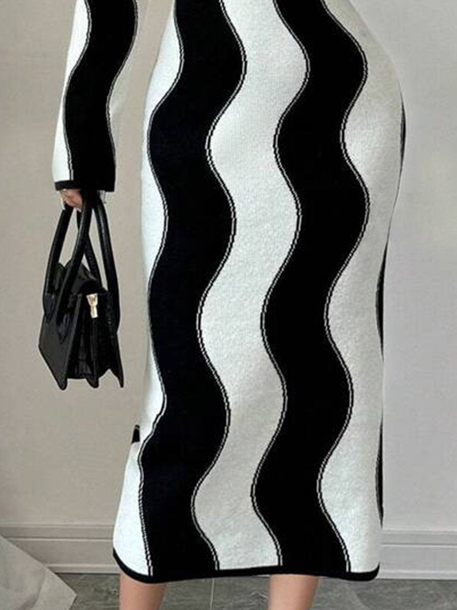 High-End Fashionable Black And White Knitted Midi Dress