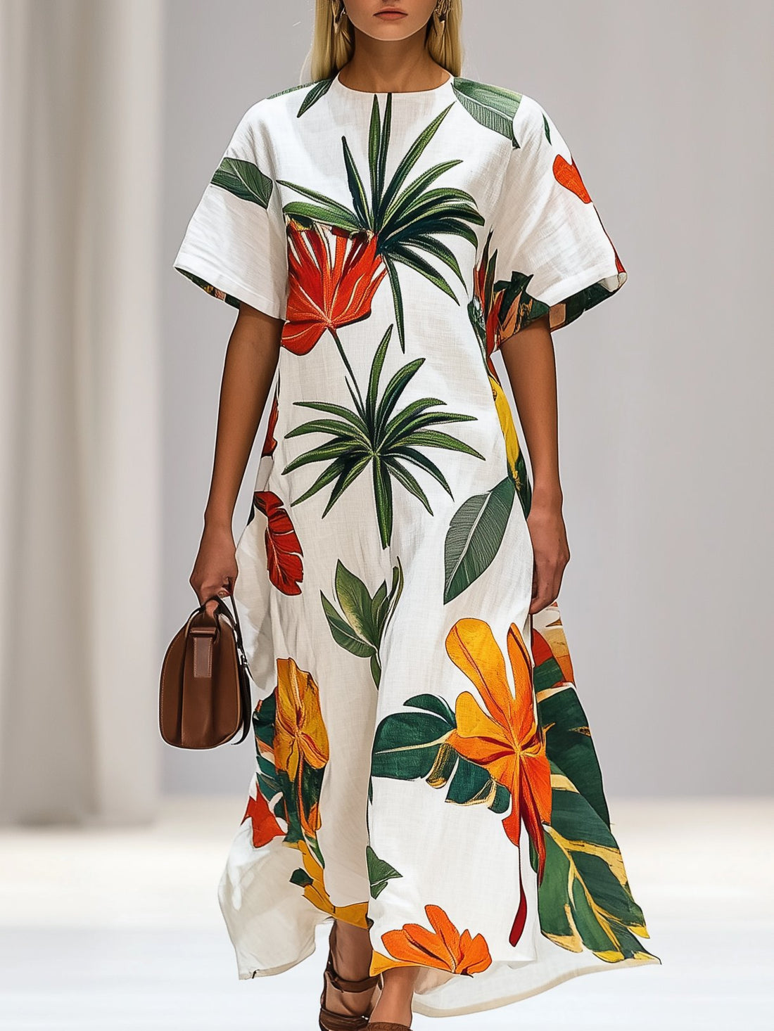 Casual Loose Fit Tropical Print Short Sleeve Maxi Dress