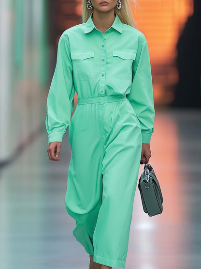 Fashionable and Eye-catching Shirt-style Mint Green Cropped Trousers Jumpsuit